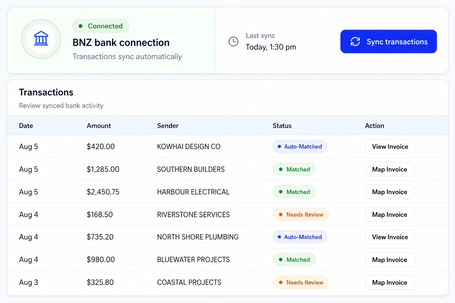 Lodg connected bank transactions screen
